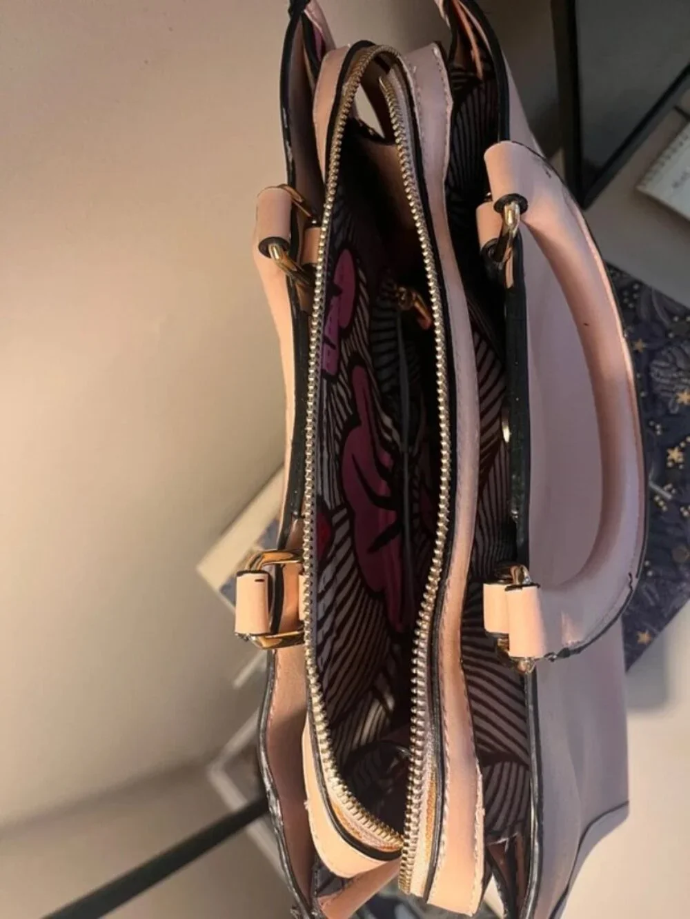 Kua Pink Satchel Handbag Crossbody Floral Lining Gold Hardware Shoulder Strap